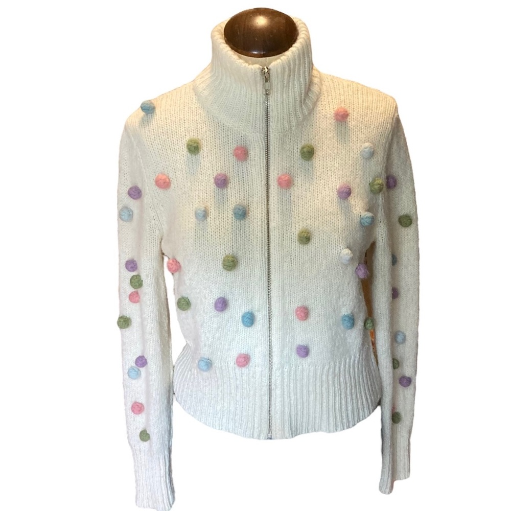 Anthropologie Sleeping on Snow zip sweater w/ pastel pom poms. Sz M. Wool blend